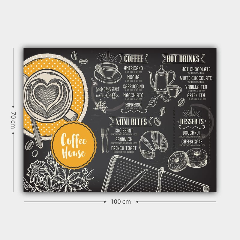 Canvastavla 70x100 cm - Stiliserad meny för ett kafé med en kopp kaffe och bakverk - Svart / Orange / Vit - Inredning & dekor - Tavlor & konst - Canvastavla