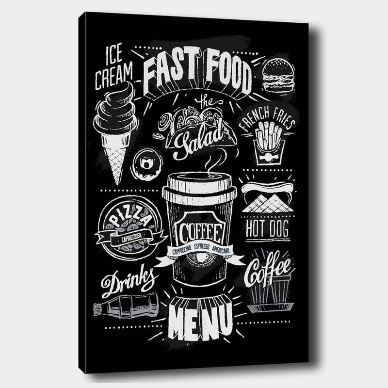 Canvastavla 70x100 cm - Stiliserad meny med olika snabbmatsrätter och drycker i svartvitt - Svart / Vitt / Grått - Inredning & dekor - Tavlor & konst - Canvastavla