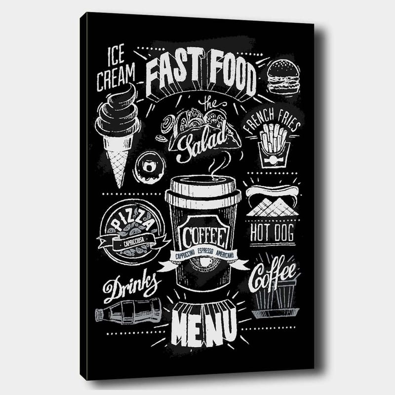 Canvastavla 70x100 cm - Stiliserad meny med olika snabbmatsrätter och drycker i svartvitt - Svart / Vitt / Grått - Inredning & dekor - Tavlor & konst - Canvastavla
