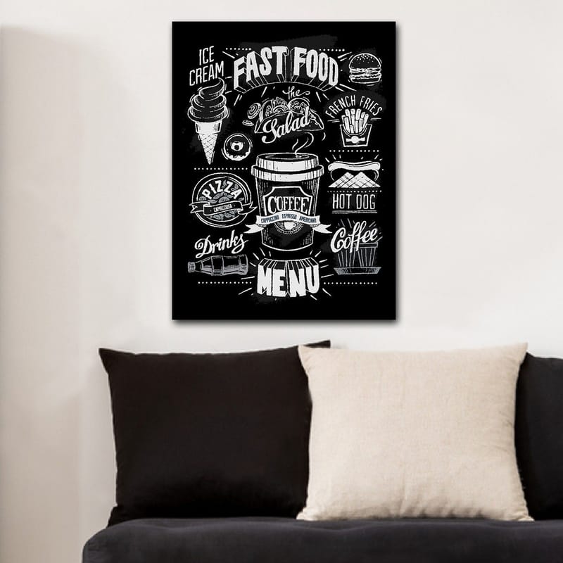 Canvastavla 70x100 cm - Stiliserad meny med olika snabbmatsrätter och drycker i svartvitt - Svart / Vitt / Grått - Inredning & dekor - Tavlor & konst - Canvastavla