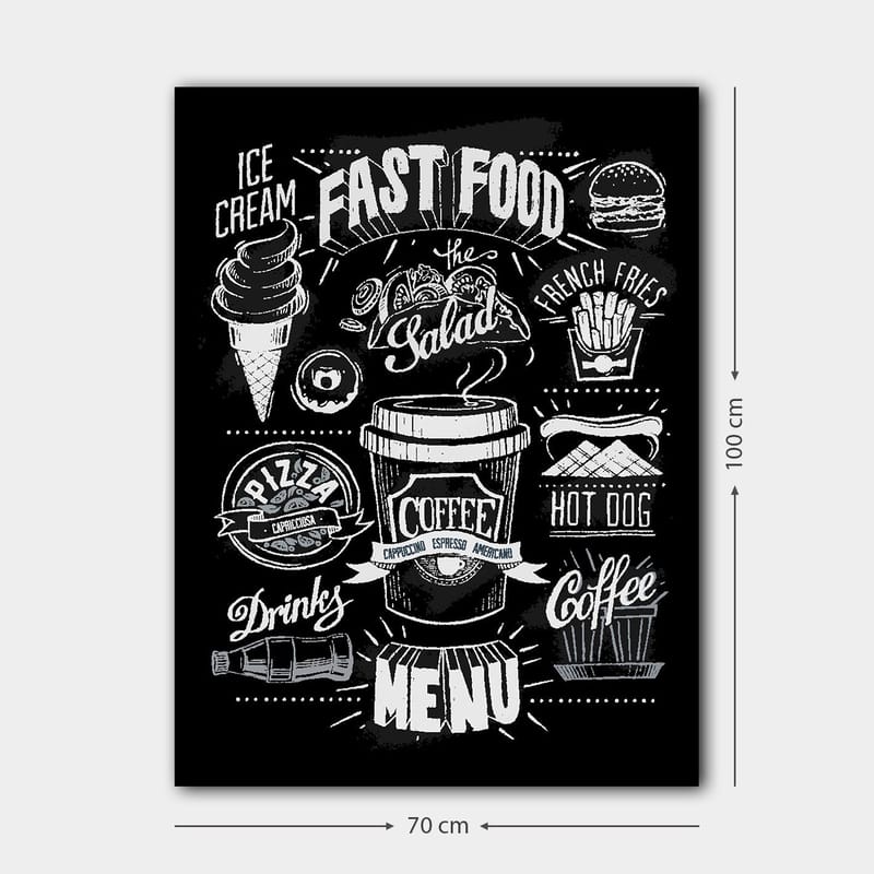 Canvastavla 70x100 cm - Stiliserad meny med olika snabbmatsrätter och drycker i svartvitt - Svart / Vitt / Grått - Inredning & dekor - Tavlor & konst - Canvastavla