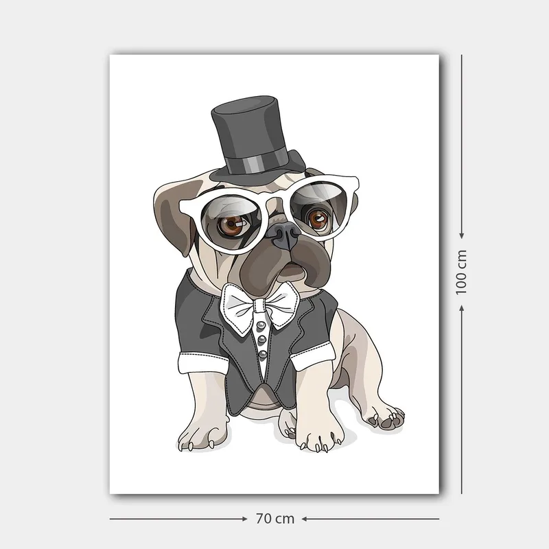 Canvastavla 70x100 cm - Stiliserad mops klädd i frack och hatt med stora glasögon - Beige / Svart / Vitt - Inredning & dekor - Tavlor & konst - Canvastavla