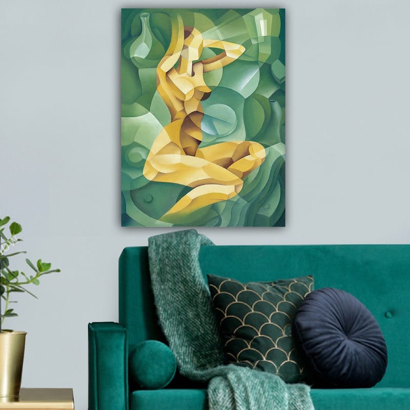 Canvastavla 70x100 cm - Stiliserad nakenfigur som sitter med en hand bakom huvudet, omgiven av organiska former - Gul / Grön - Inredning & dekor - Tavlor & konst - Canvastavla