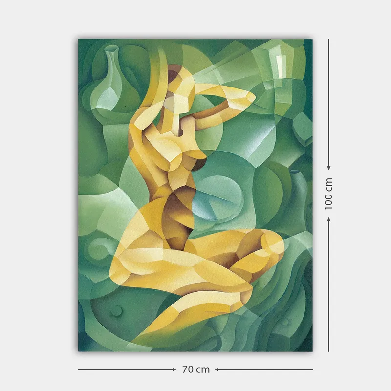 Canvastavla 70x100 cm - Stiliserad nakenfigur som sitter med en hand bakom huvudet, omgiven av organiska former - Gul / Grön - Inredning & dekor - Tavlor & konst - Canvastavla