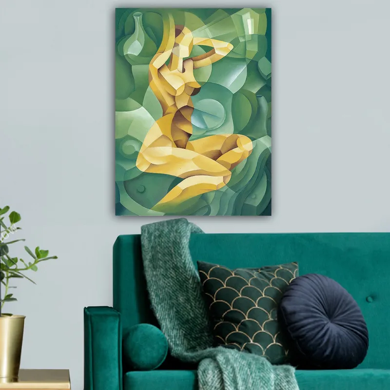 Canvastavla 70x100 cm - Stiliserad nakenfigur som sitter med en hand bakom huvudet, omgiven av organiska former - Gul / Grön - Inredning & dekor - Tavlor & konst - Canvastavla