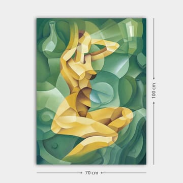 Canvastavla 70x100 cm - Stiliserad nakenfigur som sitter med en hand bakom huvudet, omgiven av organiska former - Gul / Grön - Inredning & dekor - Tavlor & konst - Canvastavla
