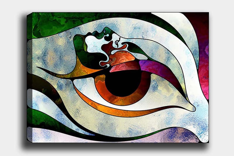 Canvastavla 70x100 cm - Stiliserad ögonform med färgglada inslag som skapar en hypnotisk effekt, Grön / Brun / Vit