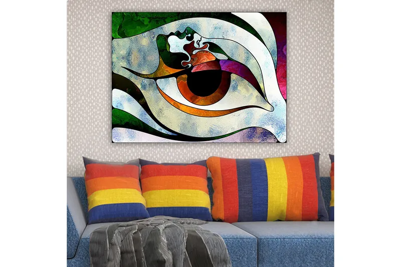 Canvastavla 70x100 cm - Stiliserad ögonform med färgglada inslag som skapar en hypnotisk effekt - Grön / Brun / Vit - Inredning & dekor - Tavlor & konst - Canvastavla