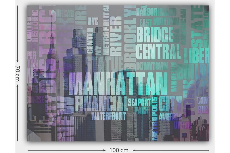 Canvastavla 70x100 cm - Stiliserad representation av Manhattan med fokus på stadens namn och ikoniska byggnader - Lila / Turkos / Grå - Inredning & dekor - Tavlor & konst - Canvastavla