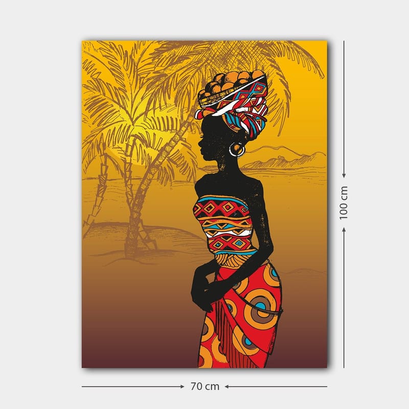 Canvastavla 70x100 cm - Stiliserad silhuett av en kvinna med traditionell klädsel och frukt på huvudet, omgiven av palmer i en solig miljö - Svart / Röd / Orange - Inredning & dekor - Tavlor & konst - Canvastavla