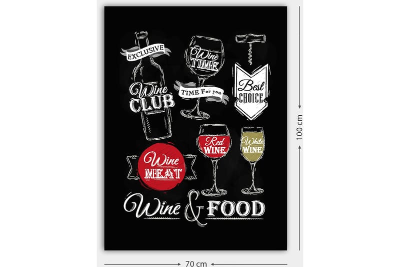 Canvastavla 70x100 cm - Stiliserad tavla med motiv av vin, glas och matrelaterade texter - Röd / Vit / Svart - Inredning & dekor - Tavlor & konst - Canvastavla