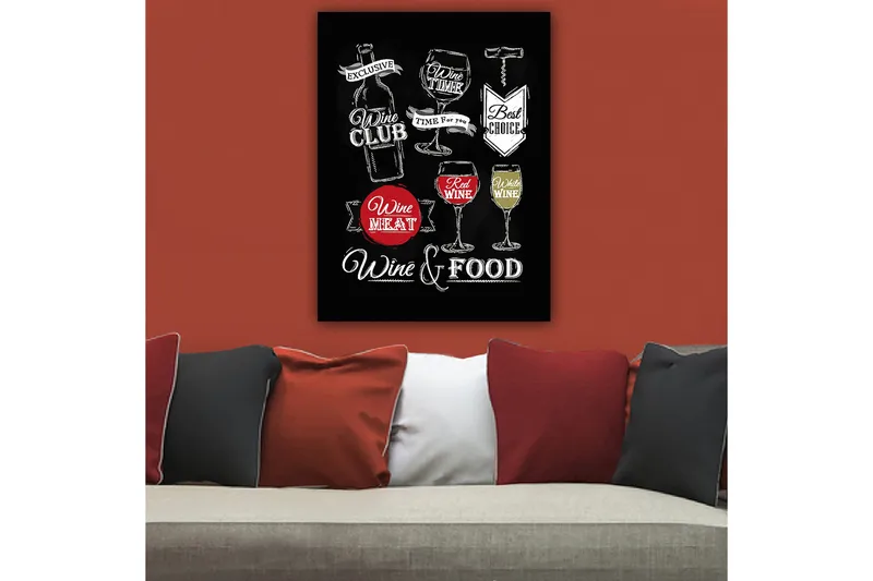 Canvastavla 70x100 cm - Stiliserad tavla med motiv av vin, glas och matrelaterade texter - Röd / Vit / Svart - Inredning & dekor - Tavlor & konst - Canvastavla