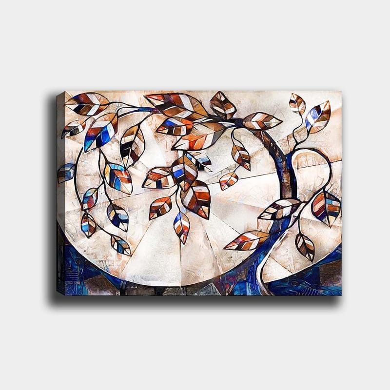 Canvastavla 70x100 cm - Stiliserad trädgren med färgglada löv som sträcker sig över en ljus bakgrund - Mörkblå / Orange / Vit - Inredning & dekor - Tavlor & konst - Canvastavla