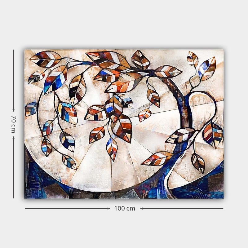 Canvastavla 70x100 cm - Stiliserad trädgren med färgglada löv som sträcker sig över en ljus bakgrund - Mörkblå / Orange / Vit - Inredning & dekor - Tavlor & konst - Canvastavla