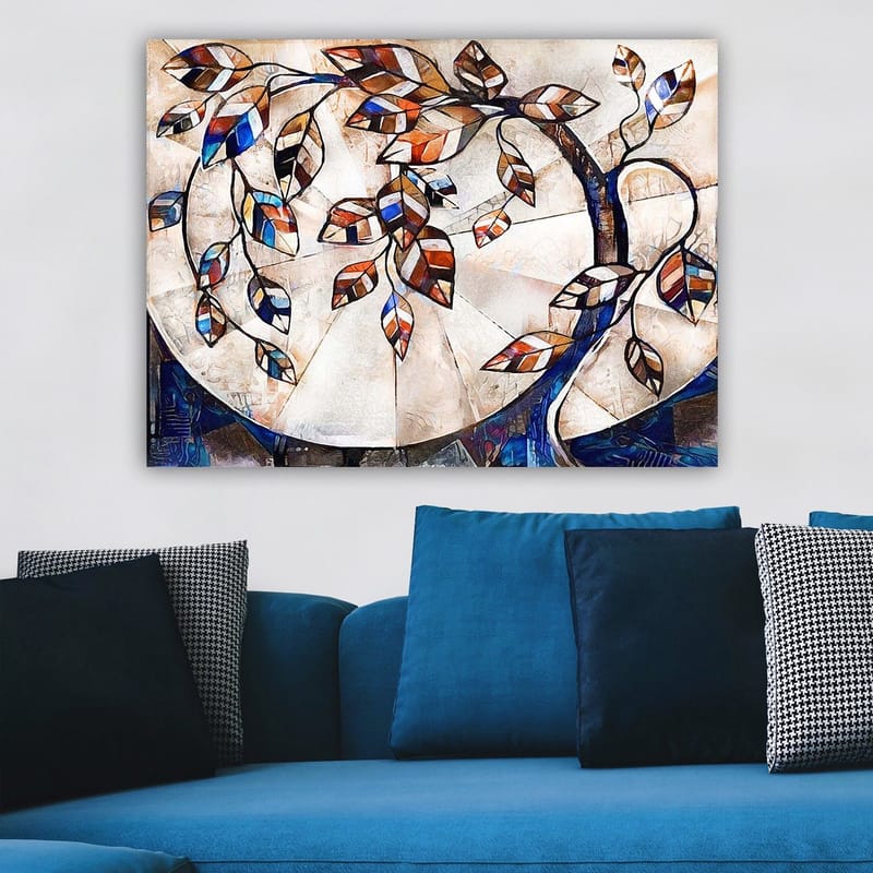 Canvastavla 70x100 cm - Stiliserad trädgren med färgglada löv som sträcker sig över en ljus bakgrund - Mörkblå / Orange / Vit - Inredning & dekor - Tavlor & konst - Canvastavla
