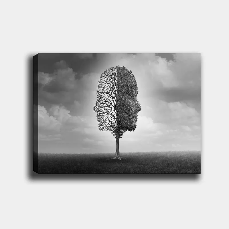 Canvastavla 70x100 cm - Stiliserad trädkonstruktion som formar en ansiktsprofil i svart och vitt, Svart / Vitt / Grått