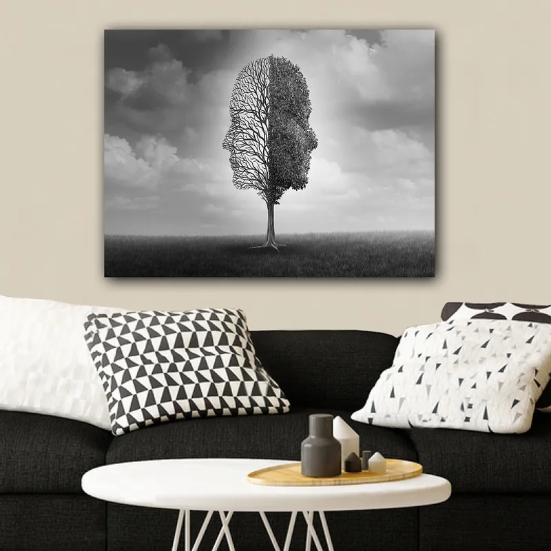 Canvastavla 70x100 cm - Stiliserad trädkonstruktion som formar en ansiktsprofil i svart och vitt - Svart / Vitt / Grått - Inredning & dekor - Tavlor & konst - Canvastavla