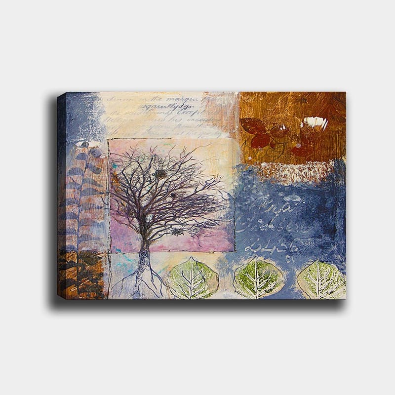 Canvastavla 70x100 cm - Stiliserad trädskulptur med rötter och blad i en färgglad komposition, Mörkblå / Brun / Grön