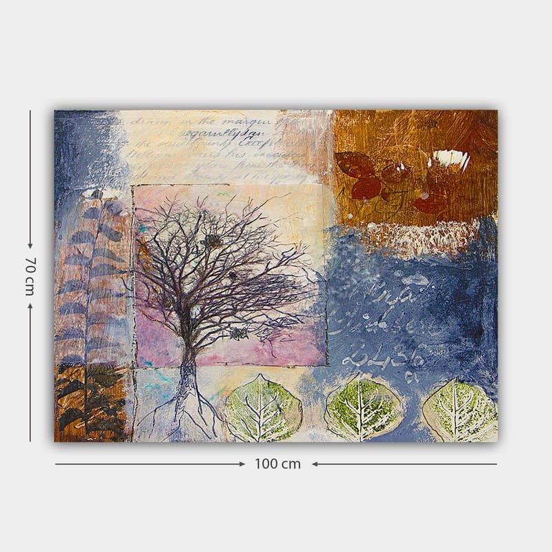 Canvastavla 70x100 cm - Stiliserad trädskulptur med rötter och blad i en färgglad komposition - Mörkblå / Brun / Grön - Inredning & dekor - Tavlor & konst - Canvastavla