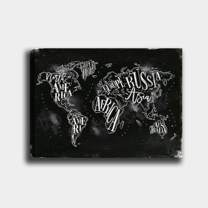 Canvastavla 70x100 cm - Stiliserad världskarta med geografiska namn i vit text mot en svart bakgrund, Svart / Vit