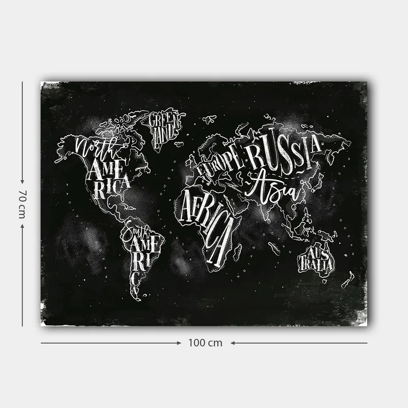 Canvastavla 70x100 cm - Stiliserad världskarta med geografiska namn i vit text mot en svart bakgrund - Svart / Vit - Inredning & dekor - Tavlor & konst - Canvastavla