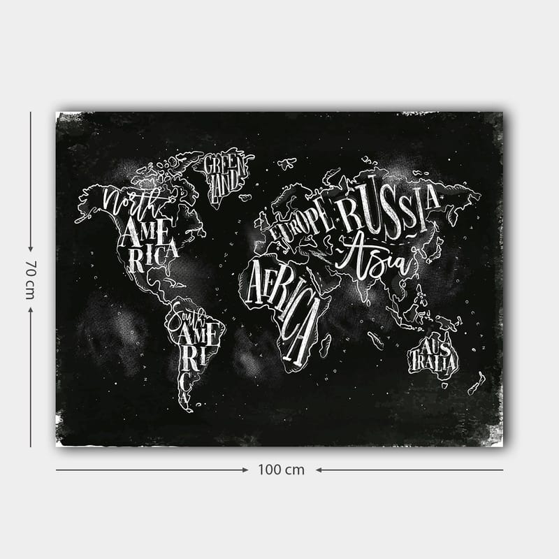 Canvastavla 70x100 cm - Stiliserad världskarta med geografiska namn i vit text mot en svart bakgrund - Svart / Vit - Inredning & dekor - Tavlor & konst - Canvastavla