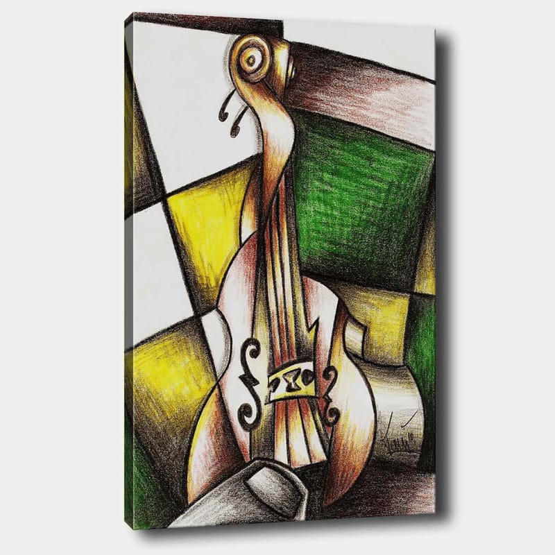 Canvastavla 70x100 cm - Stiliserad violin i en färgglad komposition, Grön / Gul / Brun