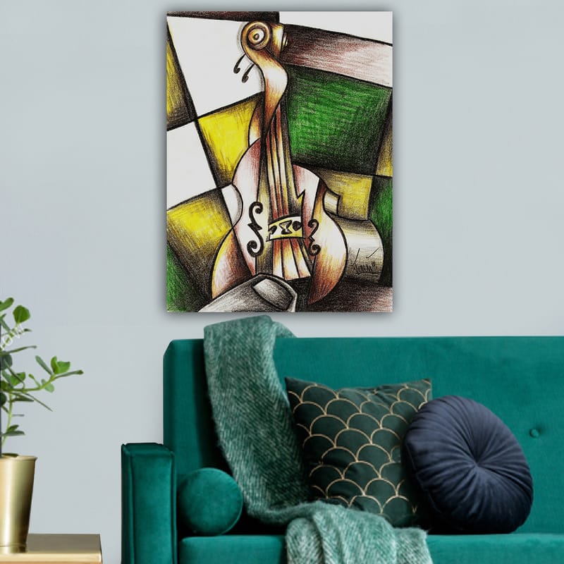 Canvastavla 70x100 cm - Stiliserad violin i en färgglad komposition - Grön / Gul / Brun - Inredning & dekor - Tavlor & konst - Canvastavla