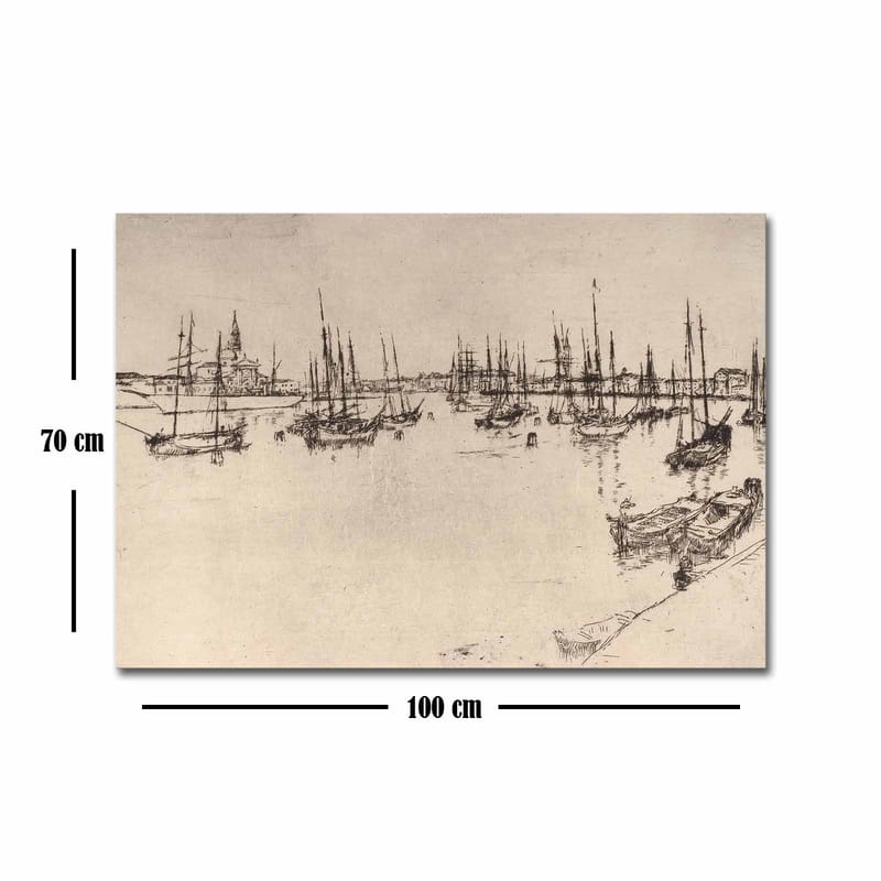 Canvastavla 70x100 cm - Stiliserad vy av en hamn med båtar och mastar i silhuett - Svart / Beige - Inredning & dekor - Tavlor & konst - Canvastavla