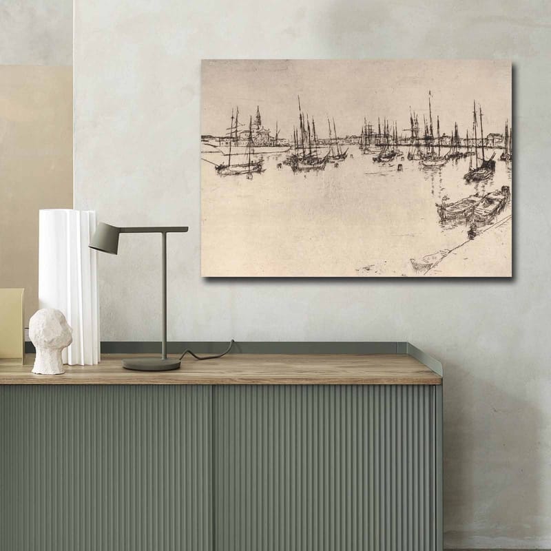 Canvastavla 70x100 cm - Stiliserad vy av en hamn med båtar och mastar i silhuett - Svart / Beige - Inredning & dekor - Tavlor & konst - Canvastavla