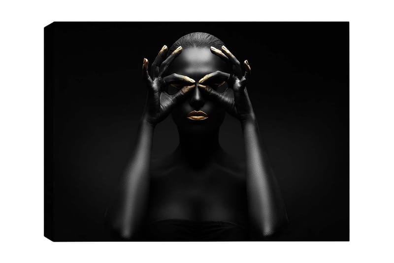 Canvastavla 70x100 cm - Stiliserad porträttbild av en kvinna med svarta händer som formar ett par ögon, med guldiga detaljer på läppar och fingertoppar - Svart / Guld - Inredning & dekor - Tavlor & konst - Canvastavla