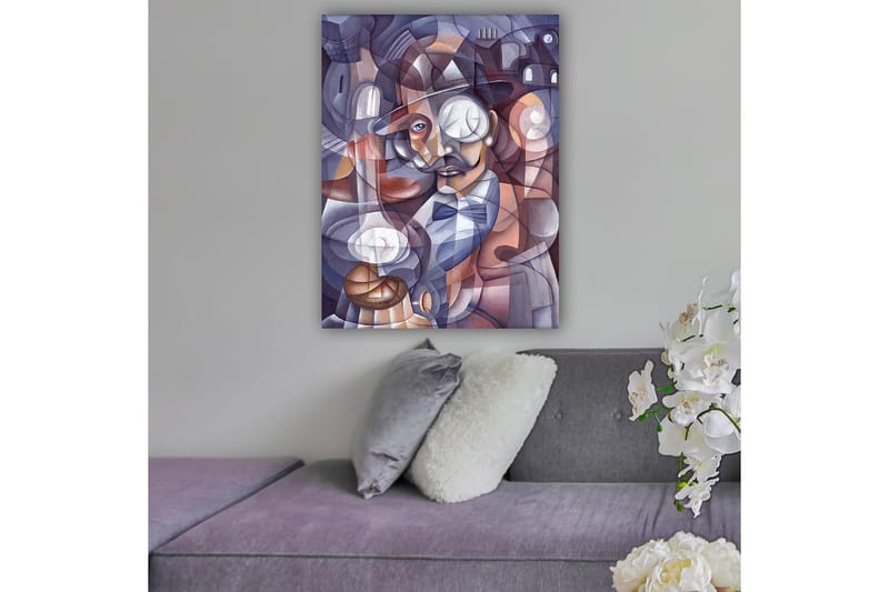 Canvastavla 70x100 cm - Stiliserad porträtt av en man med hatt och monocle, omgiven av abstrakta former och ljuskällor - Mörkblå / Beige / Vinröd - Inredning & dekor - Tavlor & konst - Canvastavla