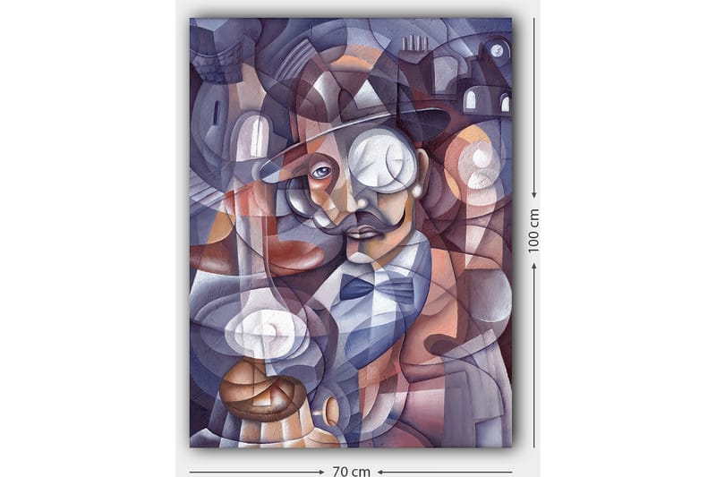 Canvastavla 70x100 cm - Stiliserad porträtt av en man med hatt och monocle, omgiven av abstrakta former och ljuskällor - Mörkblå / Beige / Vinröd - Inredning & dekor - Tavlor & konst - Canvastavla