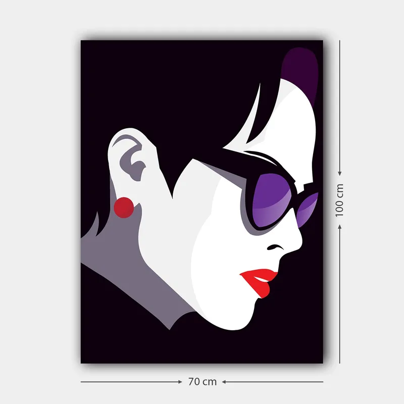 Canvastavla 70x100 cm - Stiliserad profil av en kvinna med solglasögon och röd läppstift - Svart / Vit / Lila - Inredning & dekor - Tavlor & konst - Canvastavla