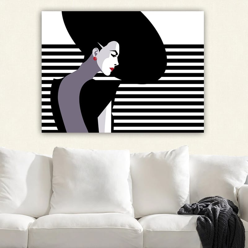 Canvastavla 70x100 cm - Stiliserad profil av en kvinna med ett stort, svart hår och röda örhängen - Svart / Vit / Grå - Inredning & dekor - Tavlor & konst - Canvastavla