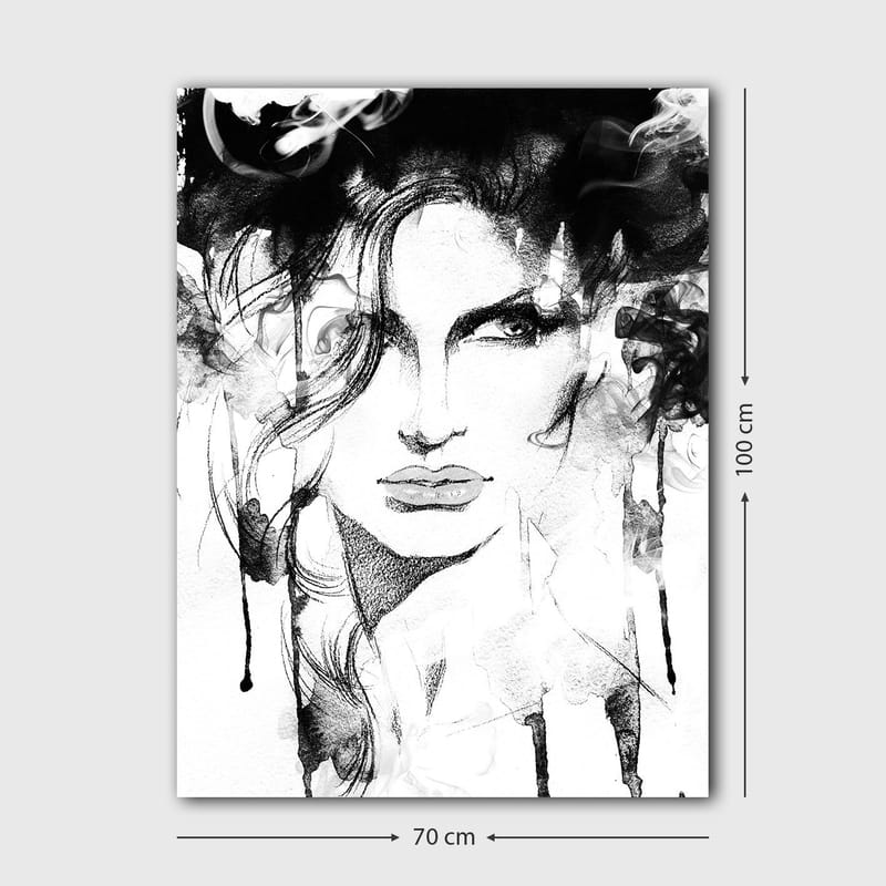 Canvastavla 70x100 cm - Stiliserad porträtt av en kvinna med dramatiska linjer och rökiga inslag - Svart / Vitt / Grått - Inredning & dekor - Tavlor & konst - Canvastavla