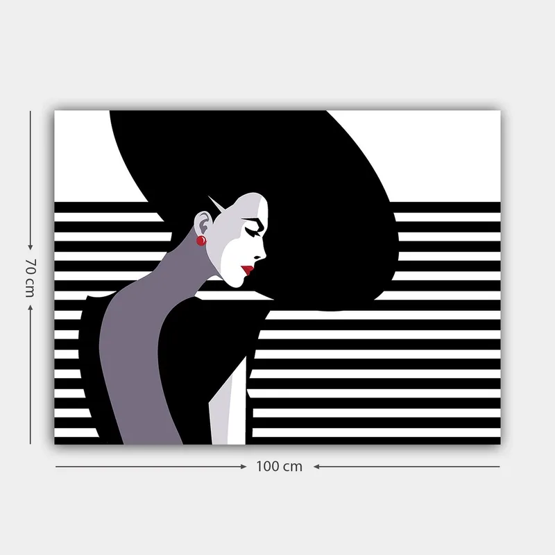 Canvastavla 70x100 cm - Stiliserad profil av en kvinna med ett stort, svart hår och röda örhängen - Svart / Vit / Grå - Inredning & dekor - Tavlor & konst - Canvastavla