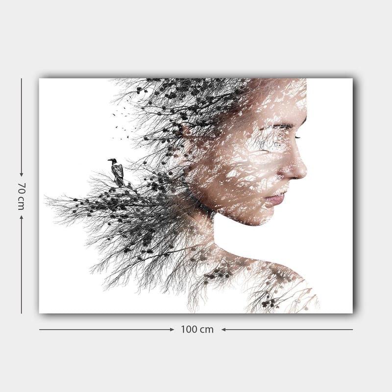 Canvastavla 70x100 cm - Stiliserad porträtt av en kvinna med träd och fåglar som en del av hennes silhuett - Svart / Grå / Brun - Inredning & dekor - Tavlor & konst - Canvastavla