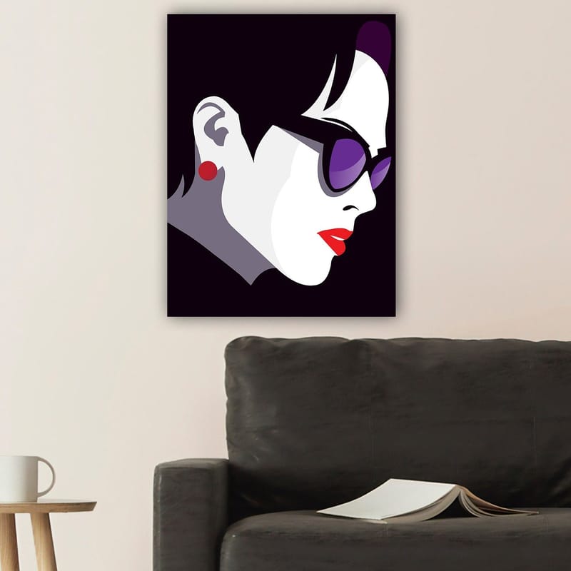 Canvastavla 70x100 cm - Stiliserad profil av en kvinna med solglasögon och röd läppstift - Svart / Vit / Lila - Inredning & dekor - Tavlor & konst - Canvastavla