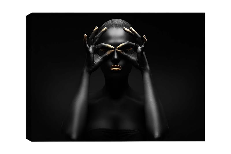 Canvastavla 70x100 cm - Stiliserad porträttbild av en kvinna med svarta händer som formar ett par ögon, med guldiga detaljer på läppar och fingertoppar, Svart / Guld