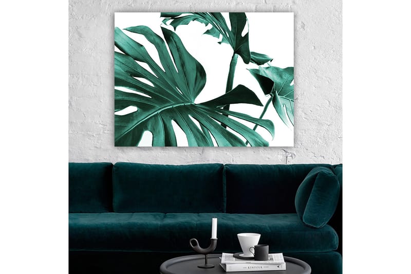 Canvastavla 70x100 cm - Stiliserade gröna palmblad mot en vit bakgrund - Mörkgrön / Turkos - Inredning & dekor - Tavlor & konst - Canvastavla