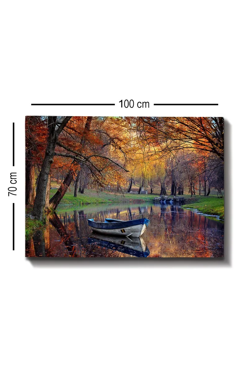 Canvastavla 70x100 cm - Stilla båt på en spegelblanka sjö omgiven av höstfärger - Orange / Blå / Grön - Inredning & dekor - Tavlor & konst - Canvastavla