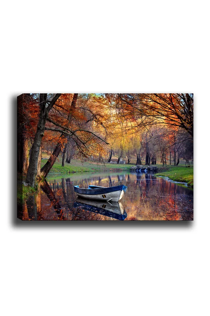 Canvastavla 70x100 cm - Stilla båt på en spegelblanka sjö omgiven av höstfärger, Orange / Blå / Grön