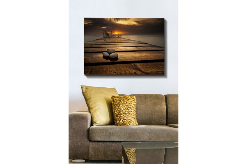 Canvastavla 70x100 cm - Stilla brygga vid solnedgången med stenar i förgrunden - Guld / Brunt / Grått - Inredning & dekor - Tavlor & konst - Canvastavla