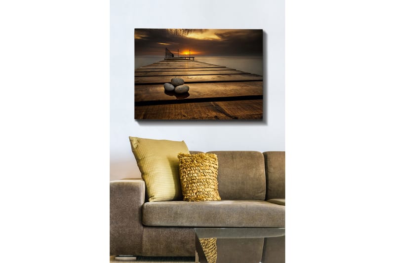 Canvastavla 70x100 cm - Stilla brygga vid solnedgången med stenar i förgrunden - Guld / Brunt / Grått - Inredning & dekor - Tavlor & konst - Canvastavla