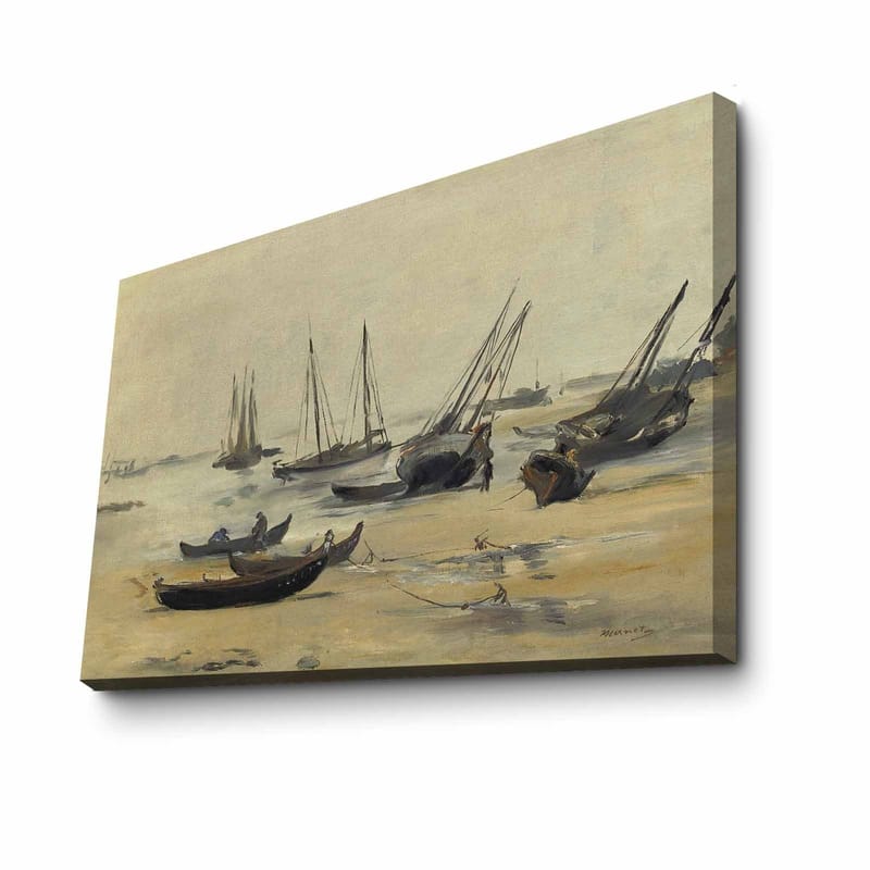 Canvastavla 70x100 cm - Stilla hamnscen med segelbåtar som ligger för ankar i lugna vatten - Grå / Beige / Mörkblå - Inredning & dekor - Tavlor & konst - Canvastavla