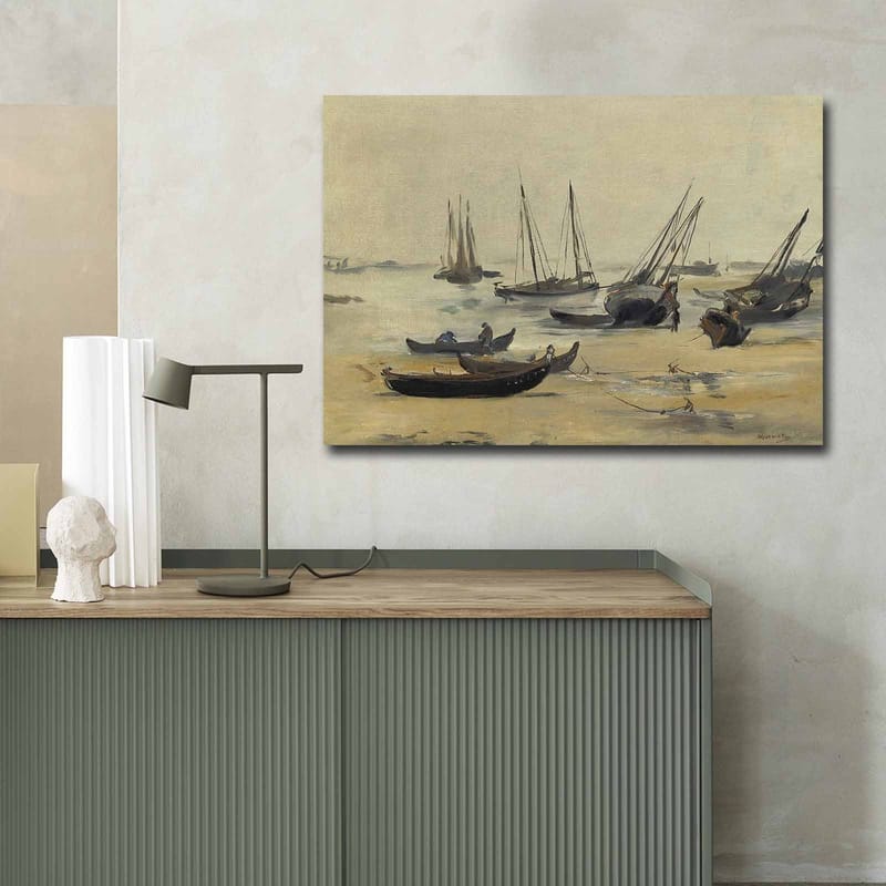 Canvastavla 70x100 cm - Stilla hamnscen med segelbåtar som ligger för ankar i lugna vatten - Grå / Beige / Mörkblå - Inredning & dekor - Tavlor & konst - Canvastavla