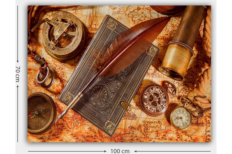 Canvastavla 70x100 cm - Stilla komposition av antika navigationsverktyg och en fjäderpenna på en gammal karta - Mörkbrun / Guld / Orange - Inredning & dekor - Tavlor & konst - Canvastavla