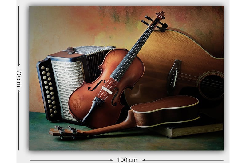 Canvastavla 70x100 cm - Stilla komposition av musikinstrument som inkluderar en fiol, gitarr och dragspel - Brun / Beige / Mörkgrön - Inredning & dekor - Tavlor & konst - Canvastavla