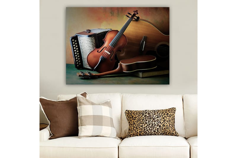 Canvastavla 70x100 cm - Stilla komposition av musikinstrument som inkluderar en fiol, gitarr och dragspel, Brun / Beige / Mörkgrön